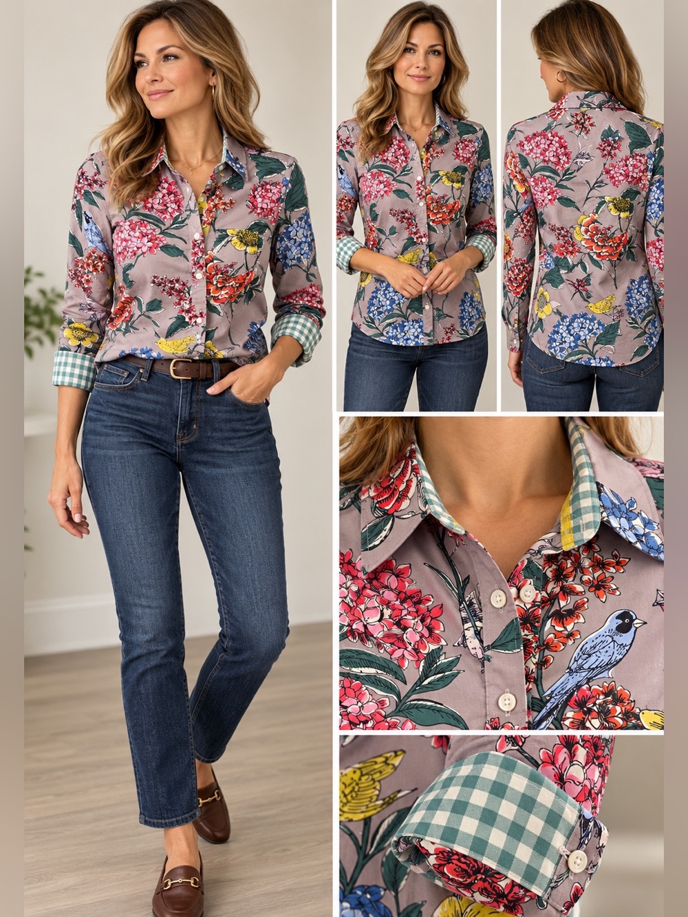 Boden Women’s Sz 2R Floral Bird Bee Print Cotton Button Down Shirt Gingham Cuffs